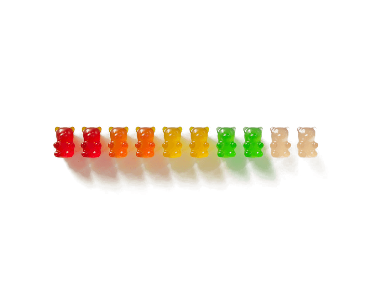 Colorful gummy bear candies showing the range of shades achievable with Petra Juice natural colors